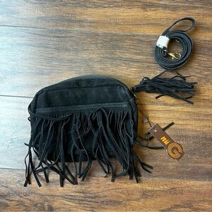 Nu G Black Fringe Velvet Crossbody Bag